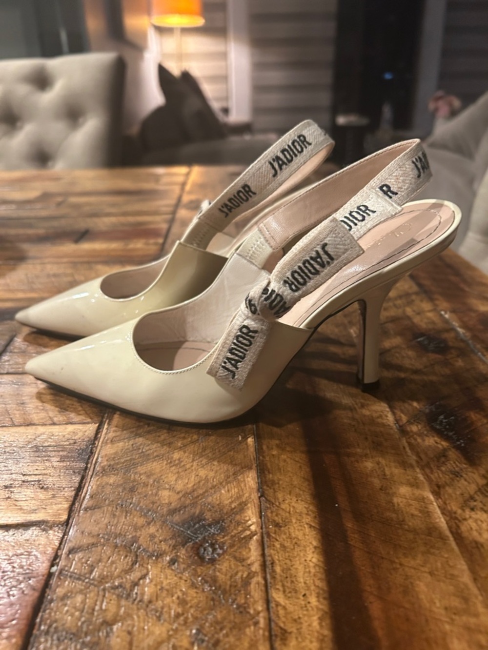 Dior Cream Patent Leather Pointed Slingback Pumps with Logo Ribbon - Picture 2 of 4